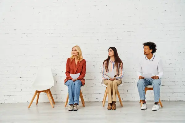 People sitting in chairs in front of a plain white wall. — Stock Photo