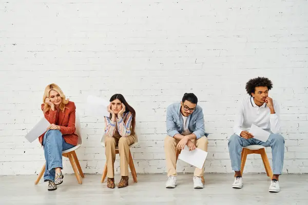 Разнообразная группа людей, сидящих перед пустой белой стеной, занимающихся позированием и беседой. — стоковое фото