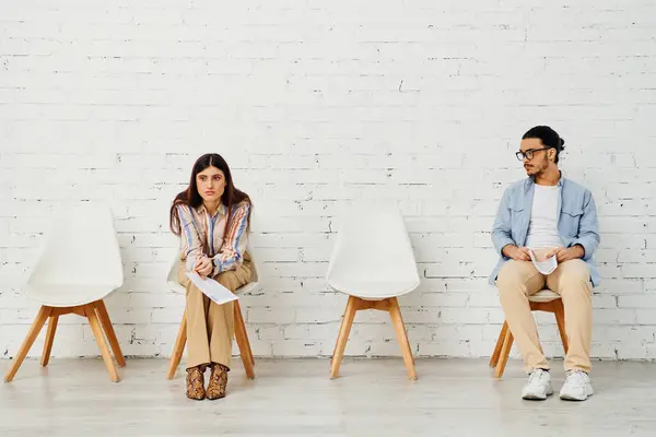 Grupo diverso sentado em cadeiras, preparando-se para entrevistas de emprego. — Fotografia de Stock