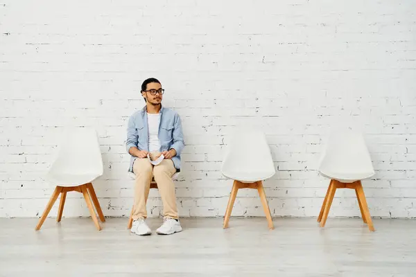 Un uomo siede in una fila di sedie contro un muro di mattoni bianchi. — Foto stock