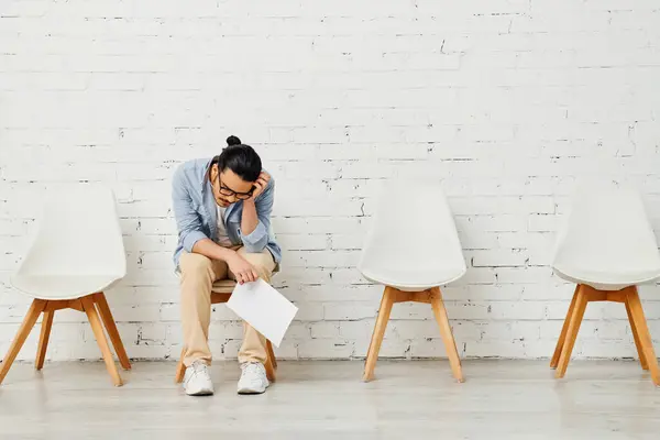 A man sits on a chair in front of a white wall. — Stock Photo