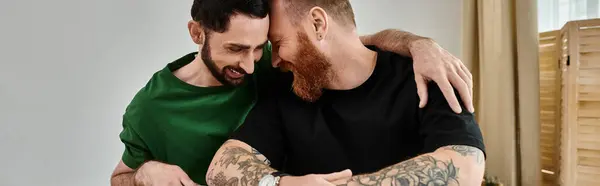 Two men, a gay couple in love, embracing each other in new home — Stock Photo