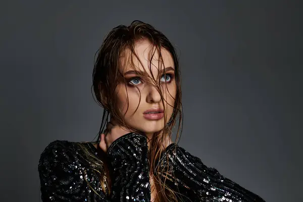 Uma jovem, bela mulher mostrando seu cabelo molhado. — Fotografia de Stock
