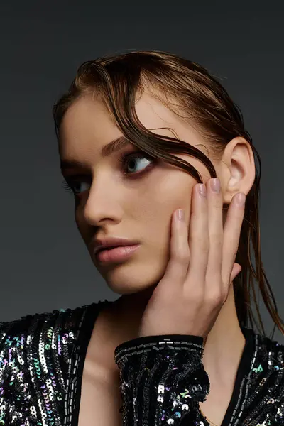 Woman in sequin top, hands on face. — Stock Photo