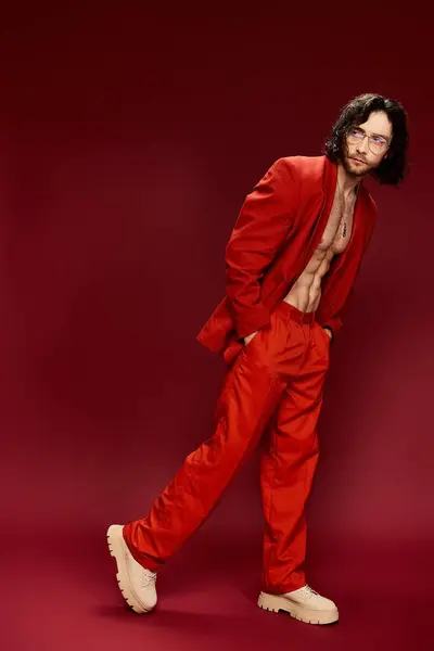 Мужчина без рубашки излучает уверенность, позируя перед камерой в ярком красном костюме, демонстрируя свою смелую и харизматичную личность. — стоковое фото