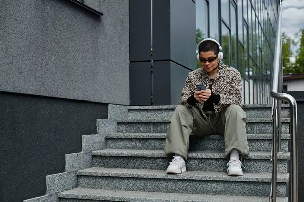 A stylish woman sits on modern steps, engrossed in his cell phone. — Stock Photo