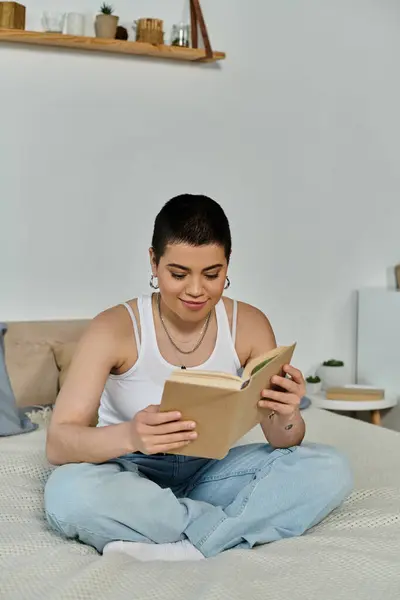 A young woman with short hair is sitting on a bed, engrossed in reading a book in her casual wear at home. — Stock Photo