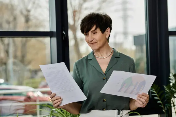 A woman holds papers by a window. — Stock Photo