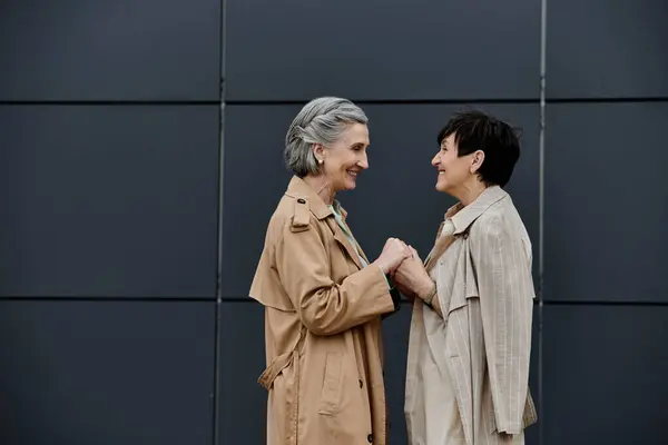 Mature lesbian couple walking together to the office. — Stock Photo