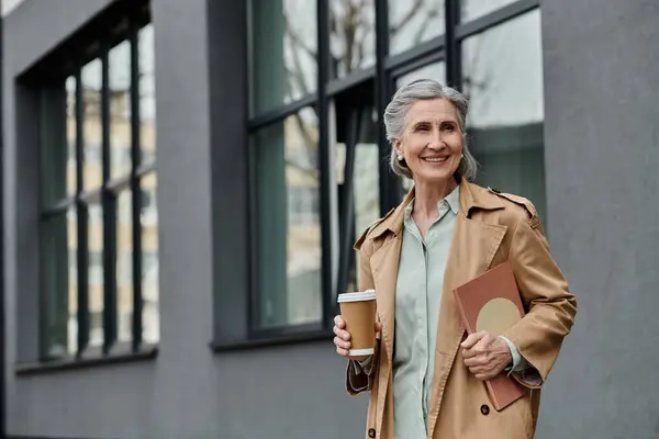 Mulher elegante em casaco de trincheira desfrutando de café. — Fotografia de Stock