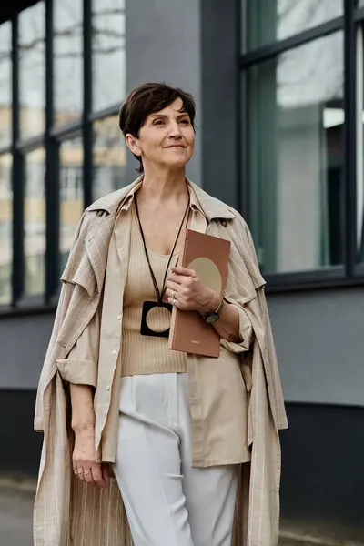 Woman walking with a book in hand down a city street. — Stock Photo