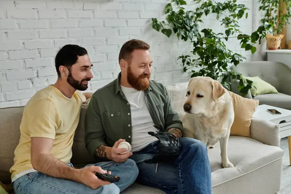 Dois homens com barbas assistir esportes no sofá com seu cão labrador amigável na acolhedora sala de estar. — Fotografia de Stock