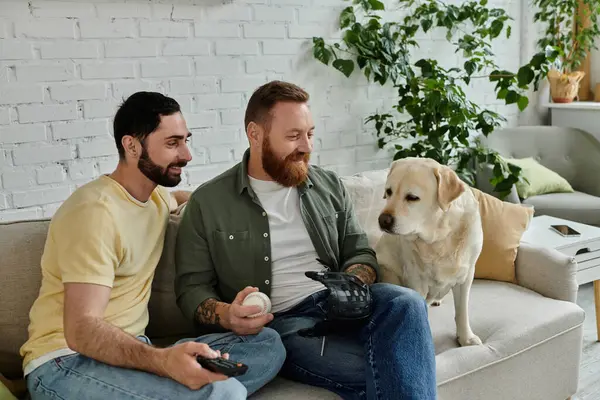 Two men with beards watch sports on the couch with their friendly labrador dog in the cozy living room. — Stock Photo