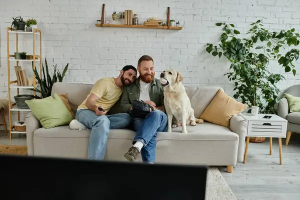 Dois homens barbudos assistindo um jogo de esportes no sofá com seu cão Labrador. — Fotografia de Stock