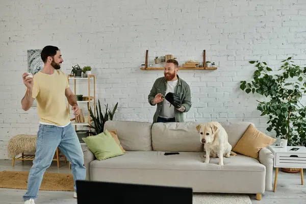Dos hombres barbudos jugando con su perro Labrador en una cómoda sala de estar mientras ven un partido deportivo en la televisión. — Stock Photo