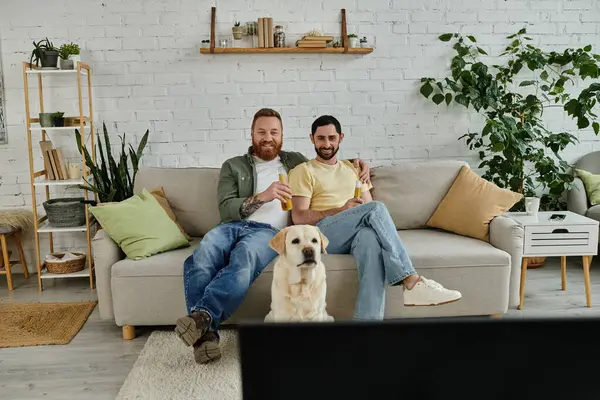 Бородата гомосексуальна пара з собакою-лабрадором на дивані, пов'язана зі спортивним матчем. — стокове фото