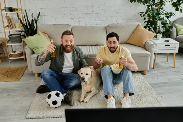 Two men, both bearded, are sitting together with their Labrador dog, watching a sport match on TV. — Stock Photo