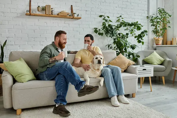 Bearded gay couple relax on couch with cups of coffee near their loyal labrador — Stock Photo