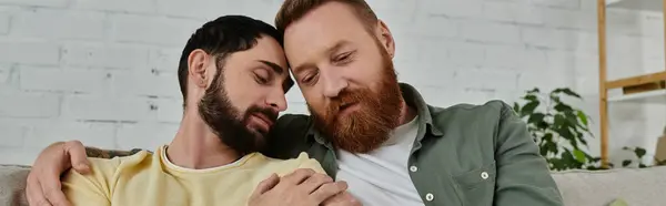 Barbuto gay coppia godendo ogni altri società mentre seduto su superiore di un divano in il soggiorno. — Foto stock