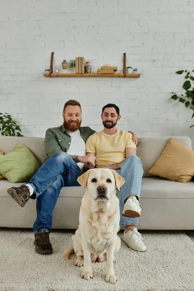 Two men with beards spending quality time on a couch with their black labrador in a cozy living room setting. — Stock Photo