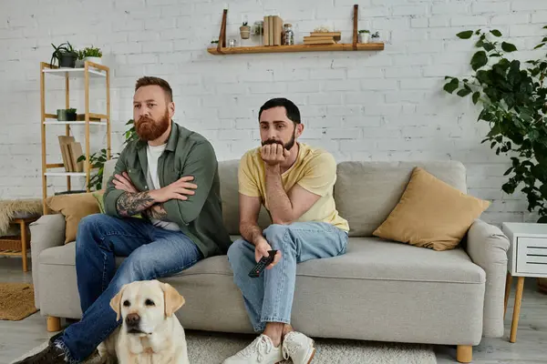 Deux hommes barbus assis sur un canapé, profitant d'un moment de qualité avec leur Labrador dans un salon confortable. — Photo de stock