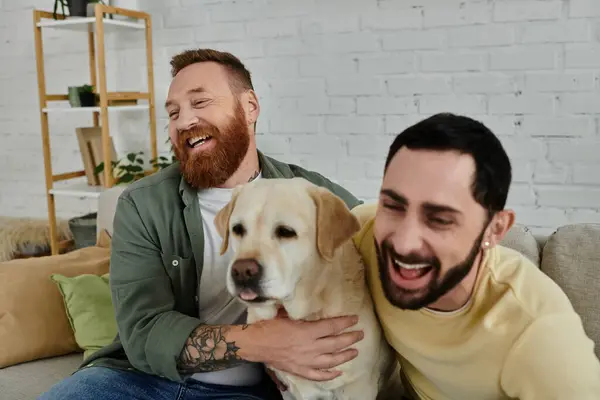 A bearded man relaxes on a couch next to a labrador in a cozy living room, enjoying quality time together. — Stock Photo