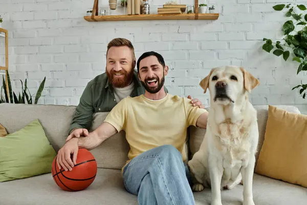 Um barbudo gay casal aproveitando qualidade horário no um sofá com seu labrador pet e um basquete. — Fotografia de Stock