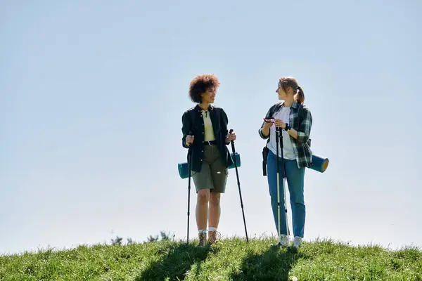 Una joven pareja lesbiana multicultural disfruta de una caminata soleada juntos, compartiendo un momento de conexión en medio de la belleza natural. - foto de stock