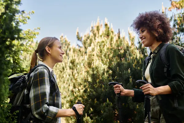 Two young women, one with an afro and the other with straight hair, hike through a forest on a sunny day, smiling and chatting. — Stock Photo
