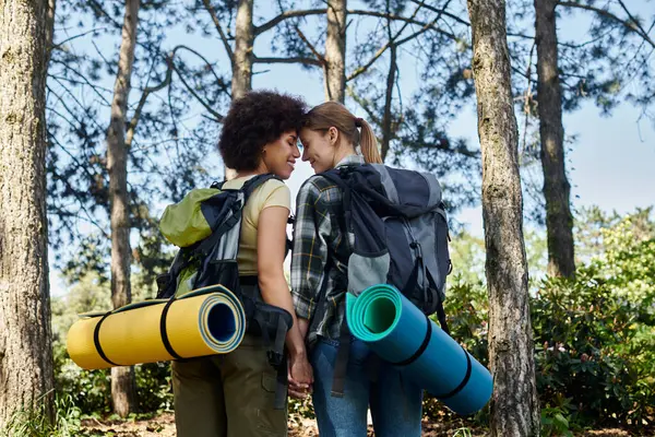 Una giovane coppia lesbica cammina attraverso il bosco, godendo di una giornata di sole. — Foto stock