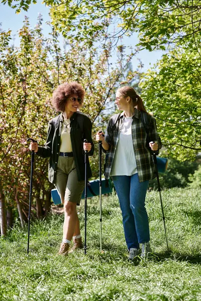 Two young women, one with curly hair and one with straight hair, hike through a lush green forest, enjoying a sunny summer day. — Stock Photo