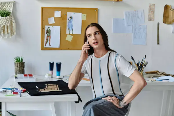 A young man, owner of a DIY clothing restoration atelier, speaks on the phone while working on a project in his studio. — Stock Photo