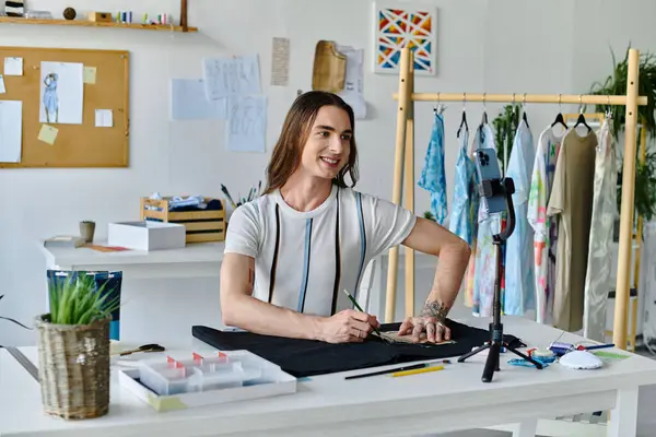 A young designer smiles as he works on a garment in his clothing restoration atelier. — Stock Photo
