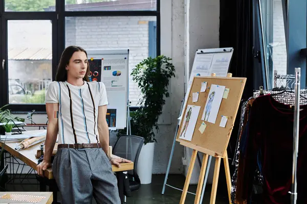 A young gay man stands in his DIY clothing restoration atelier, focused on sustainability by giving new life to old items. — Stock Photo