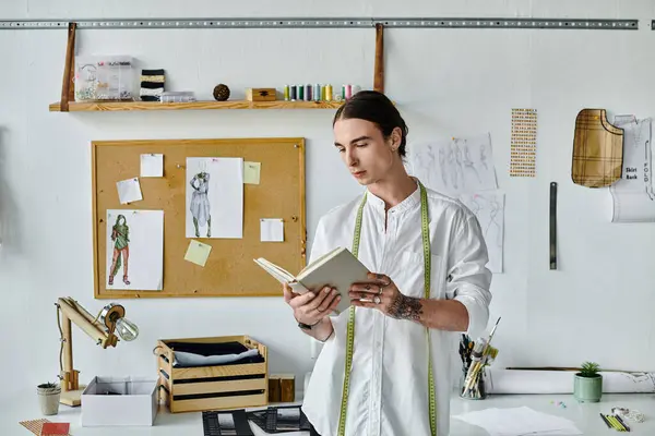 A young gay man, a DIY clothing restoration atelier owner, reads a book in his workspace surrounded by tools and materials. — Stock Photo