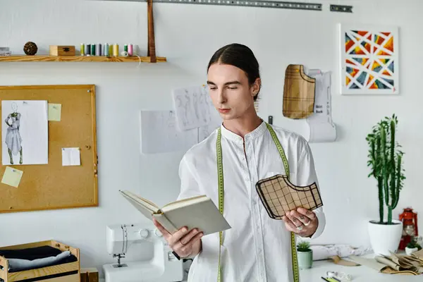 A young man in a white shirt examines a pattern while working in his clothing restoration atelier, focusing on sustainable fashion. — Stock Photo