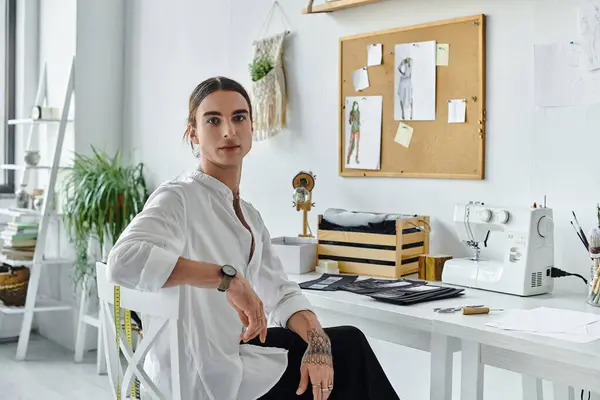 A young man sits at his desk in his clothing restoration atelier, showcasing his passion for sustainable fashion. — Stock Photo