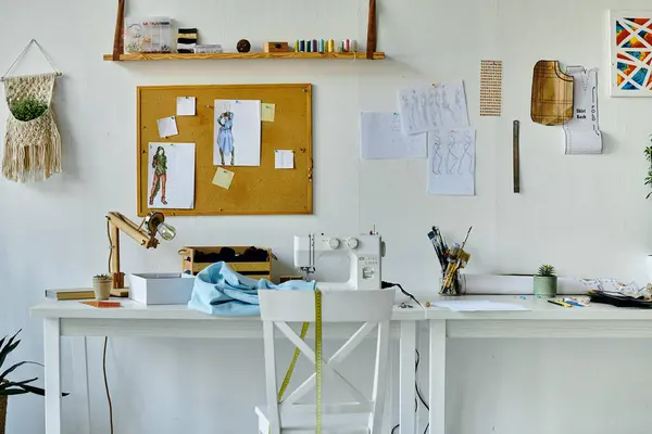 A clean and well-organized workspace of a DIY clothing restoration atelier, featuring a sewing machine, fabrics, design sketches — Stock Photo