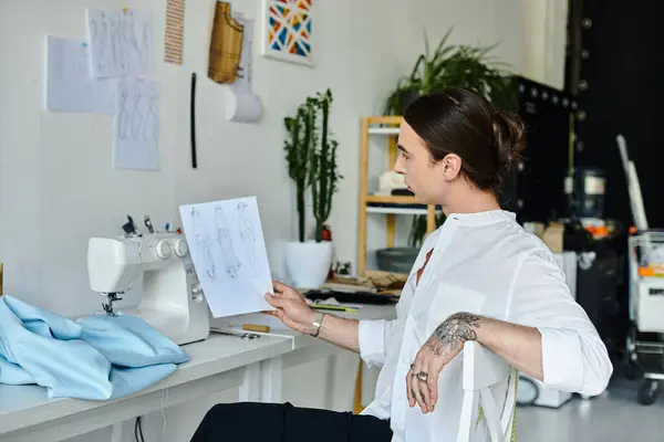 A young man, working in his atelier, examines a clothing design while surrounded by tools and fabrics, demonstrating his dedication to sustainable fashion. — Stock Photo