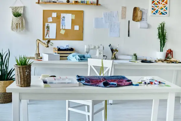 A white table in a brightly lit atelier, showcasing a denim garment ready for upcycling. — Stock Photo