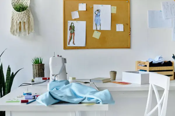 A sewing machine sits on a white table with fabric, a pencil, and other tools ready to give new life to old clothes. — Stock Photo
