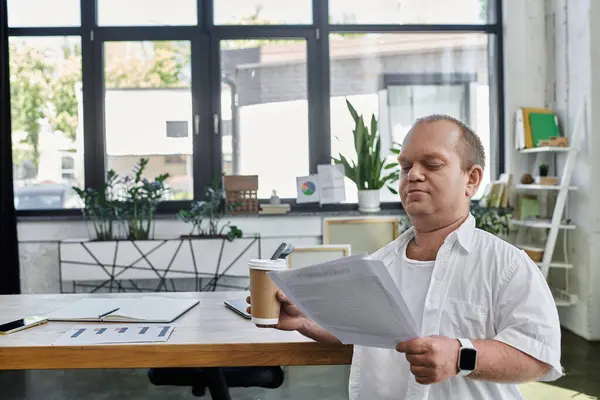 A man with inclusivity reviews paperwork at a desk in a modern office setting. — Stock Photo