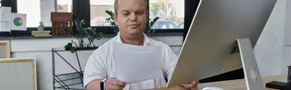 A man with inclusivity sits at his desk, reviewing documents in an office setting. — Stock Photo