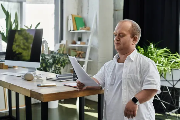 A man with inclusivity in a white shirt stands at his desk, reviewing documents in a modern office. — Stock Photo