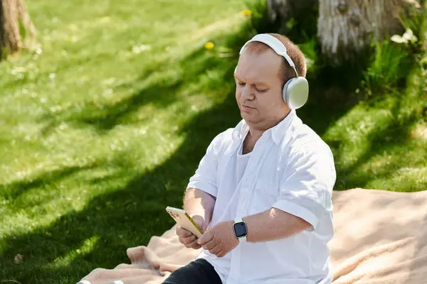 A man with inclusivity sits on a blanket in a park, listening to music with headphones. — Stock Photo