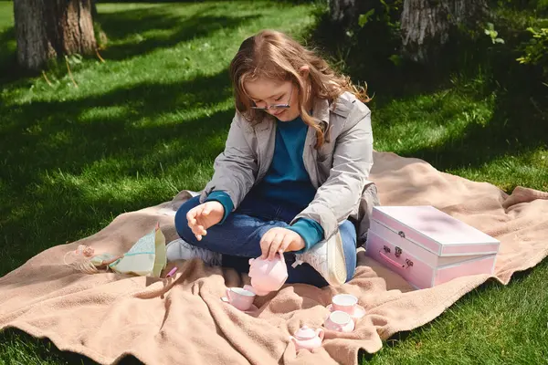 A little girl with Down syndrome enjoys a tea party on a blanket in a park. — Stock Photo