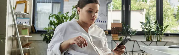 A young businesswoman with a disability sits in her wheelchair and works in a modern office. — Stock Photo