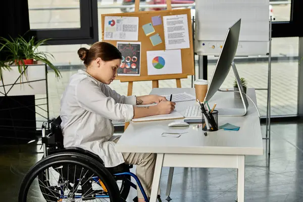 Une jeune femme d'affaires en fauteuil roulant travaille sur un projet dans un bureau moderne. — Photo de stock
