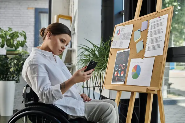 A young businesswoman in a wheelchair works on her phone in a modern office. — Stock Photo