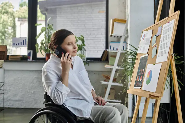 A young businesswoman in a wheelchair makes a phone call while sitting at her desk in a modern office. — Stock Photo